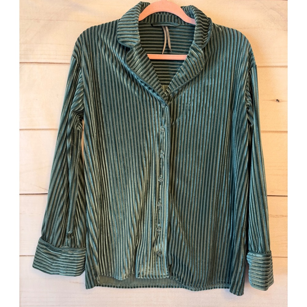 Anthropologie Teal Green Plisse Velvet Button Down Blouse XS Holiday Party Top
